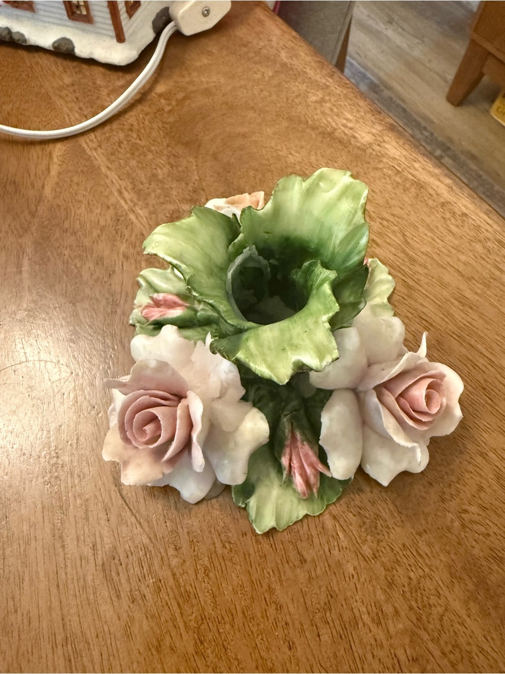 Vintage Capodimonte  Porcelain Floral Rose candle holder